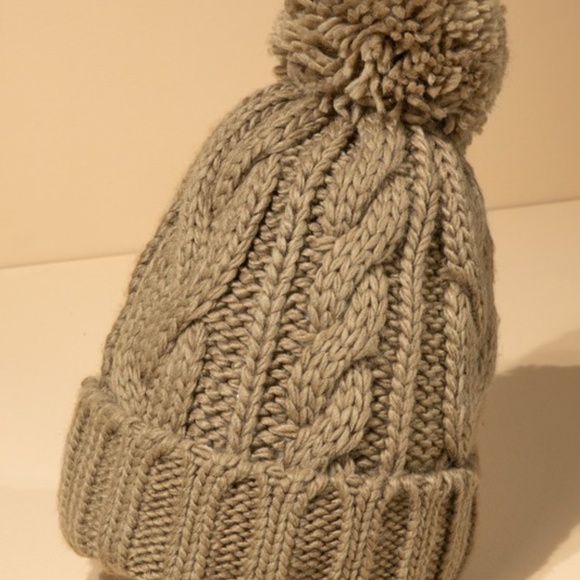 SOLD OUT Taupe Solid Cable Knit Basic Pompom Beanie Women's Winter Hat - Picture 3 of 4